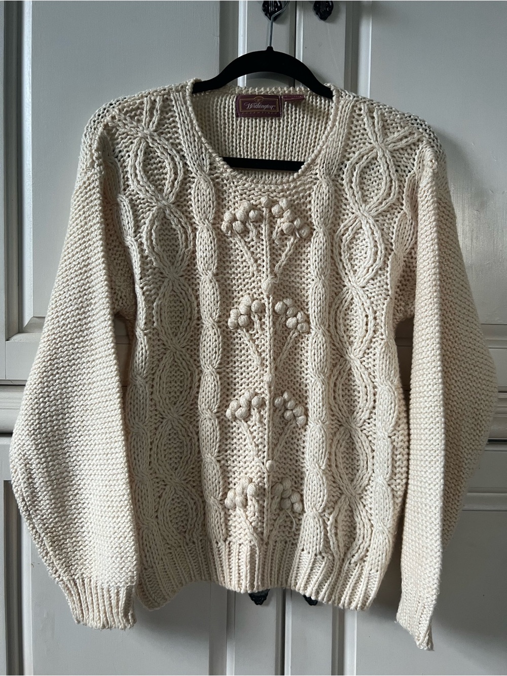 Vintage Worthington Cream Cable & Bobble Knit Crewneck Sweater, Size S